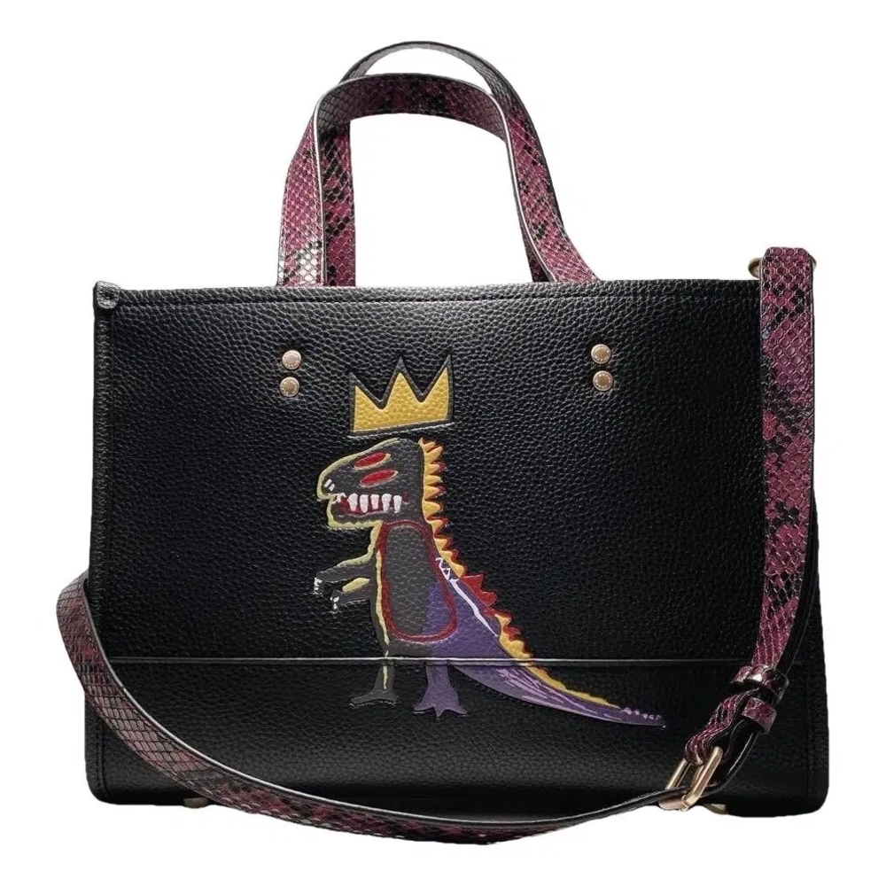 NWOT COACH Black Leather Tote with Dino Motif and Pink Snake-Print Strap